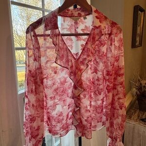 Ted Baker Laurent Sheer Floral Ruffle V Neck Blouse - Red and White 4